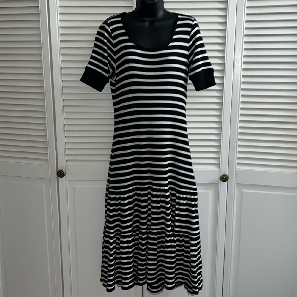 Lauren Ralph Lauren Cotton tiered ruffle hem striped midi dress
